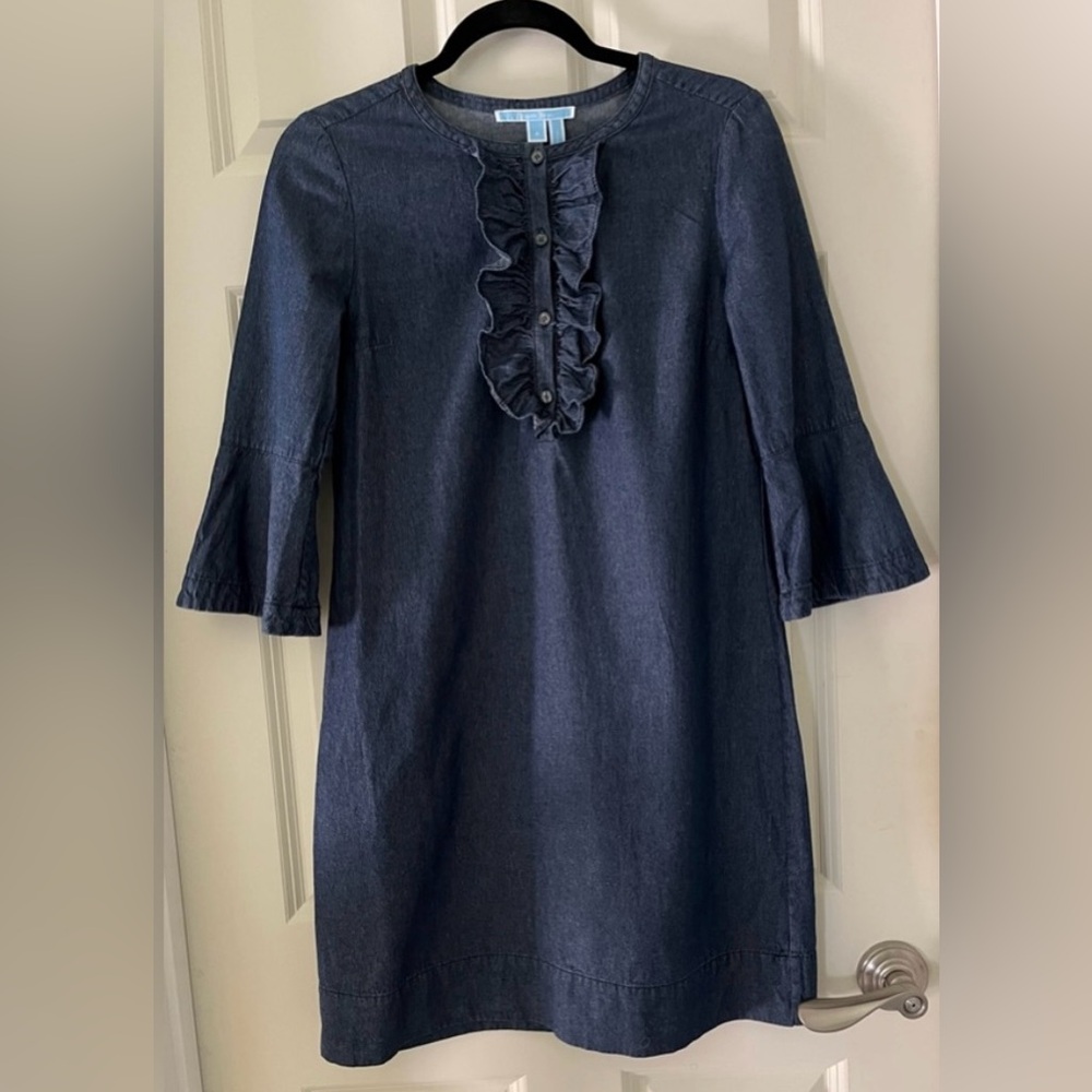 Women’s Draper James blue Chambray Ruffle Shift Dress, size 4 cotton casual
